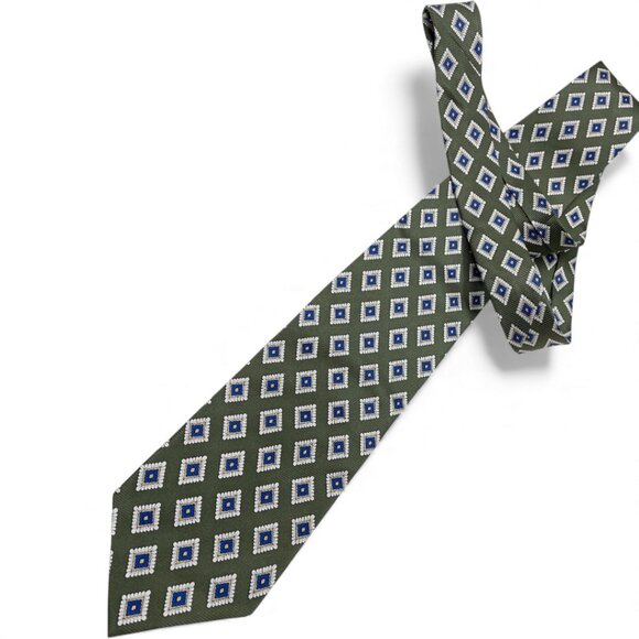 Bill Blass Silk Tie Geometric Green Blue Diamonds - Picture 2 of 6